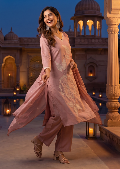Pink Rose Embroidered Mul Cotton Suit Set with Dupatta