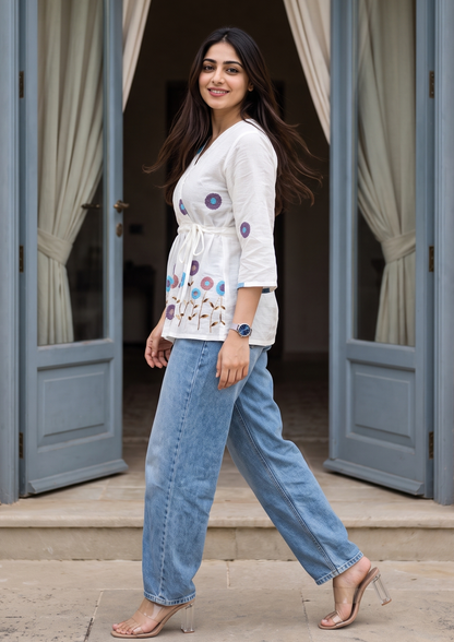 White Embroidered Rado Cotton Short Kurti