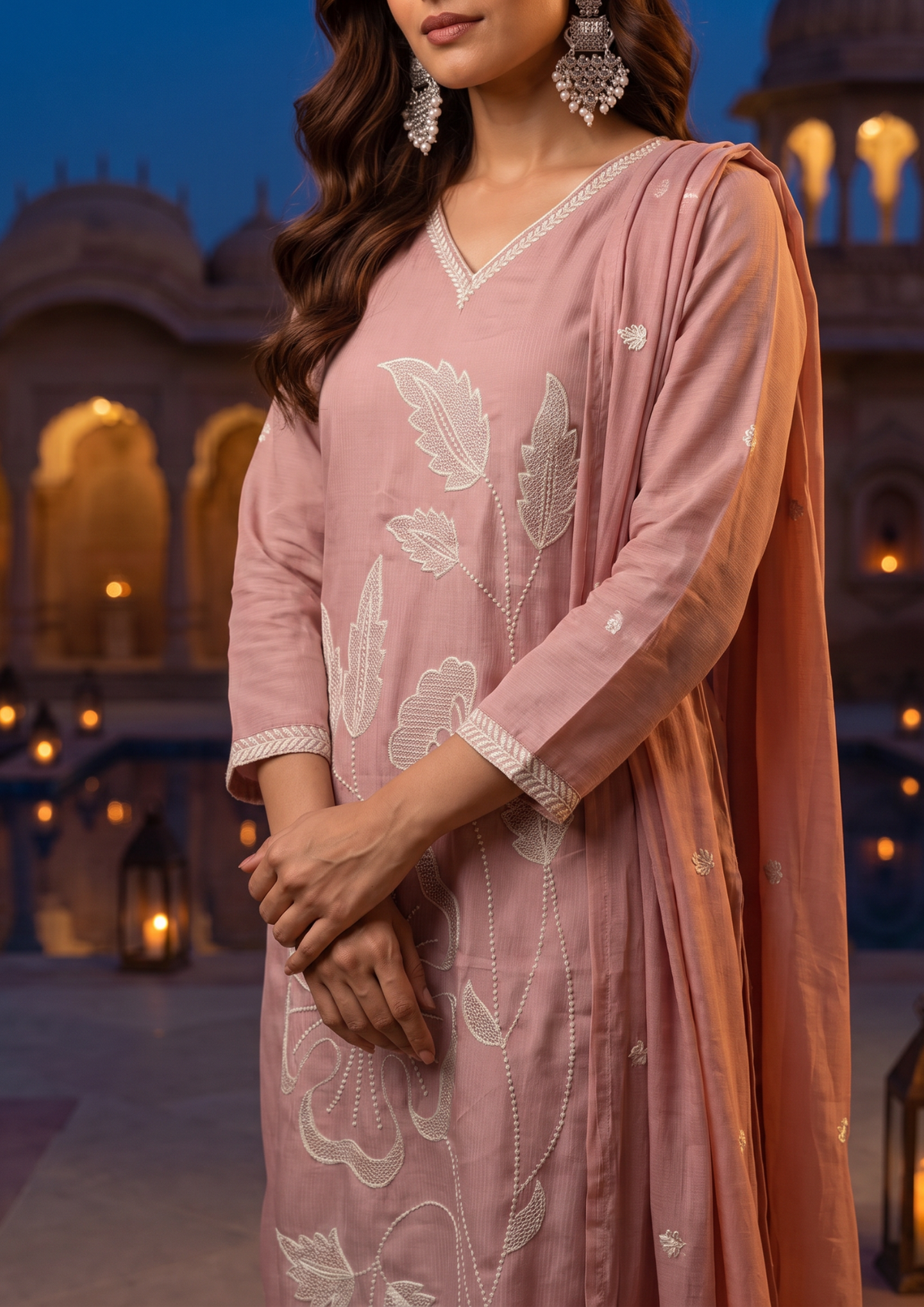 Pink Rose Embroidered Mul Cotton Suit Set with Dupatta