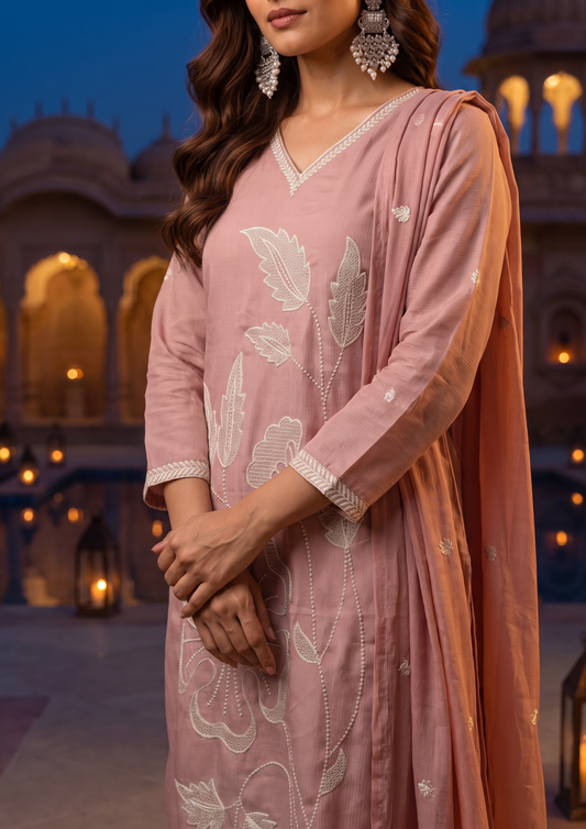 Pink Rose Embroidered Mul Cotton Suit Set with Dupatta