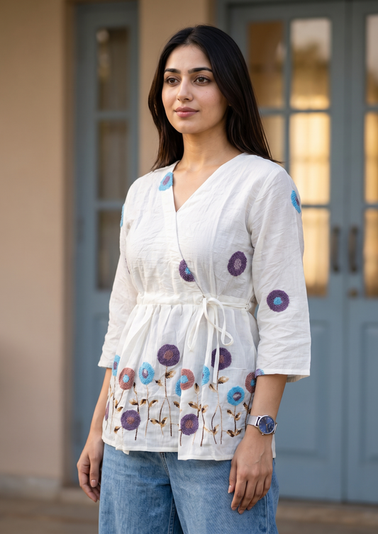 White Embroidered Rado Cotton Short Kurti