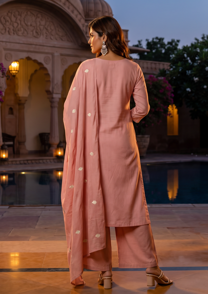 Pink Rose Embroidered Mul Cotton Suit Set with Dupatta