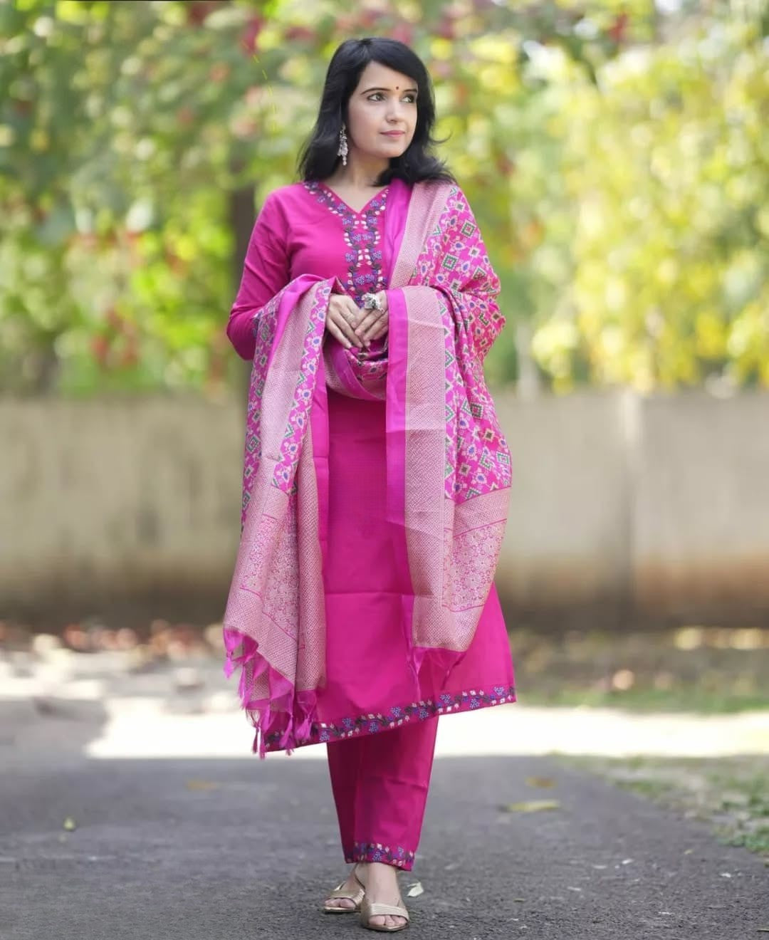 Pink Embroidered Cotton Kurta and Pant Set with Dupatta