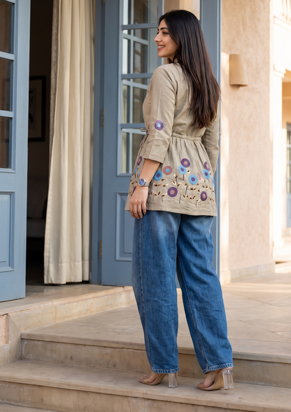 Grey Embroidered Rado Cotton Short Kurti