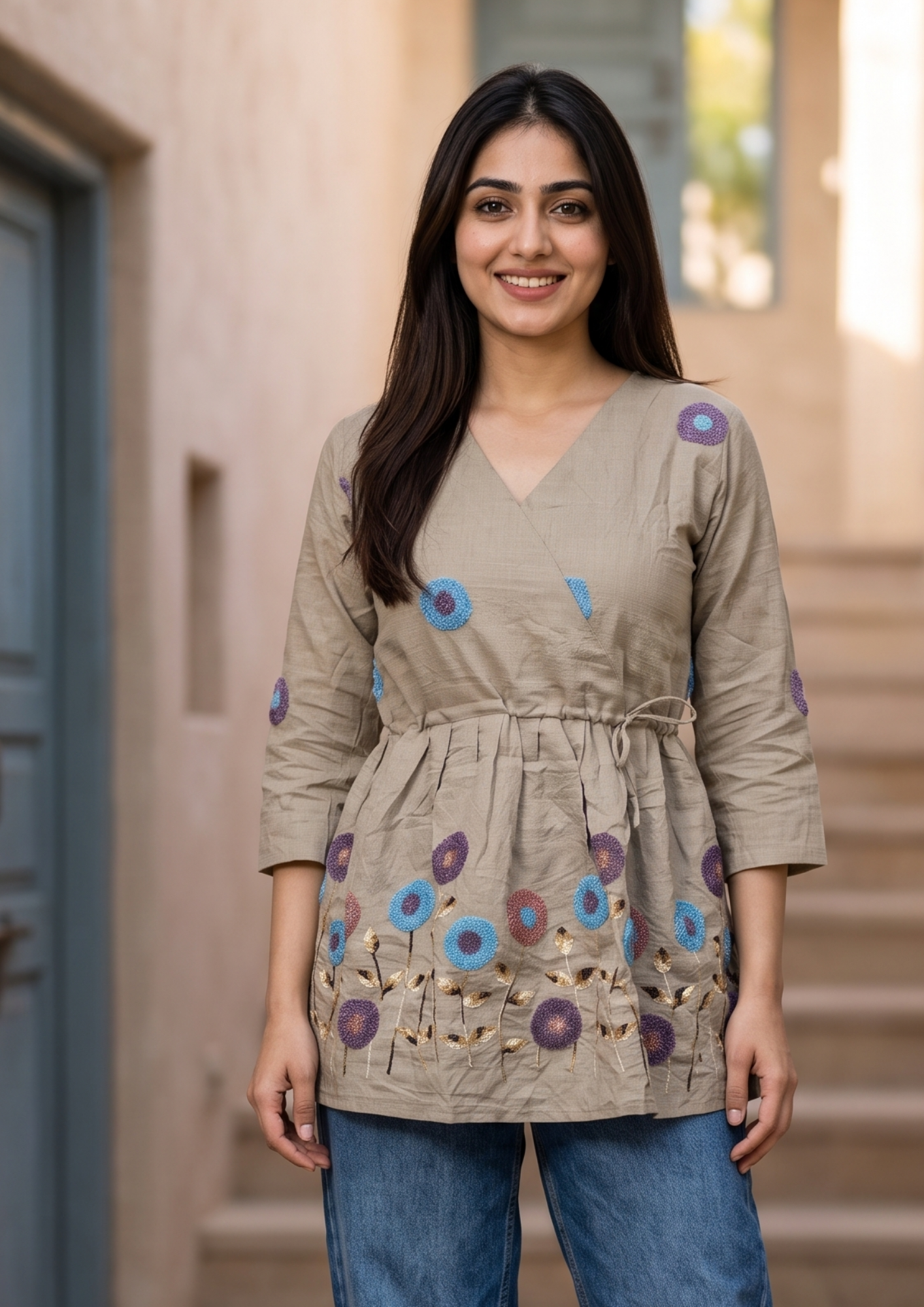 Grey Embroidered Rado Cotton Short Kurti