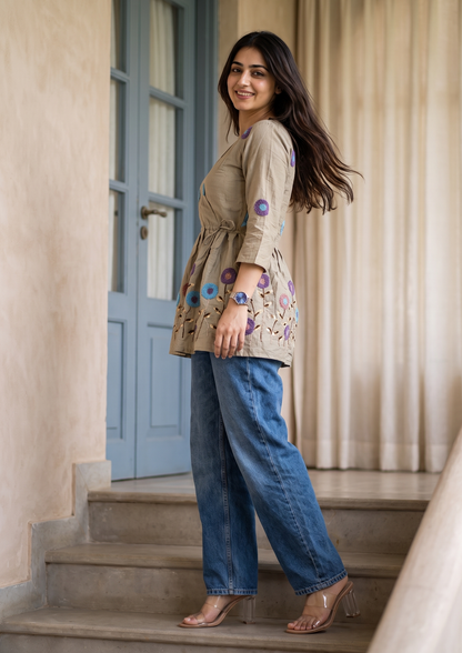 Grey Embroidered Rado Cotton Short Kurti