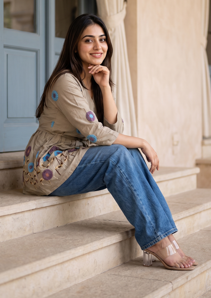 Grey Embroidered Rado Cotton Short Kurti