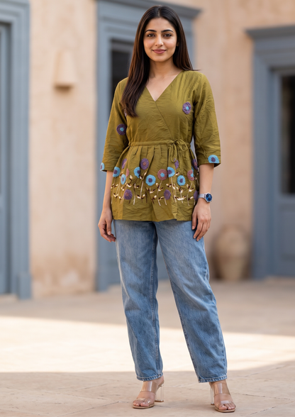 Dark Mustard Yellow Embroidered Rado Cotton Short Kurti