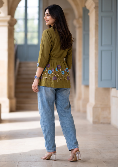 Dark Mustard Yellow Embroidered Rado Cotton Short Kurti