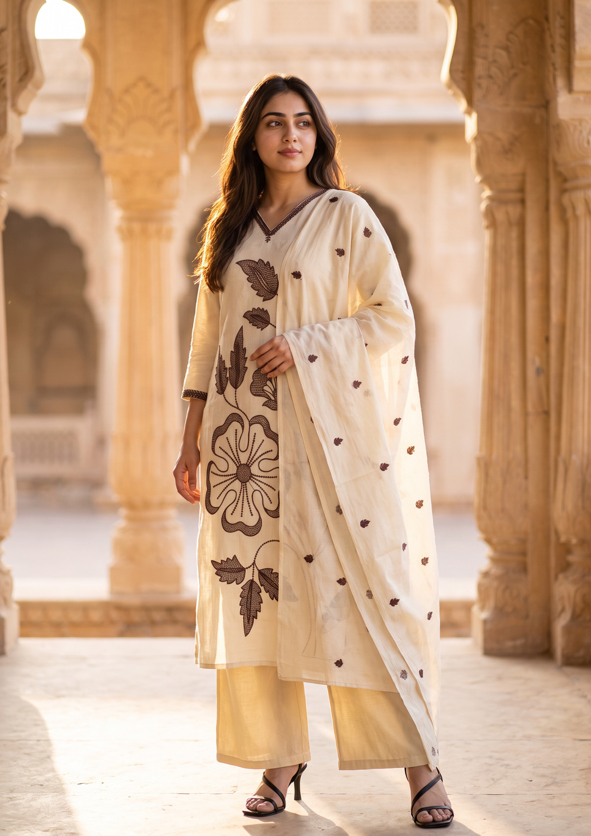 Beige Embroidered  Mul Cotton Suit Set with Dupatta