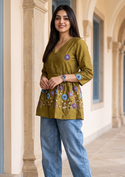 Dark Mustard Yellow Embroidered Rado Cotton Short Kurti