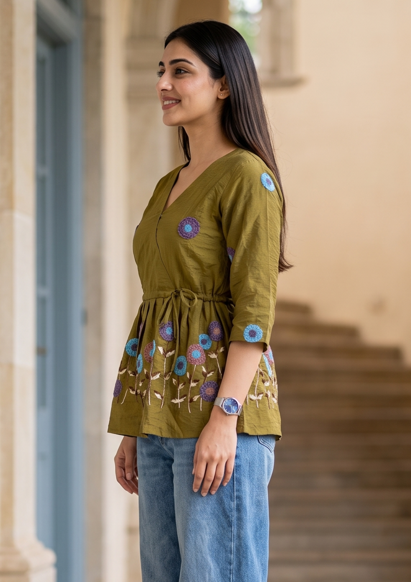 Dark Mustard Yellow Embroidered Rado Cotton Short Kurti