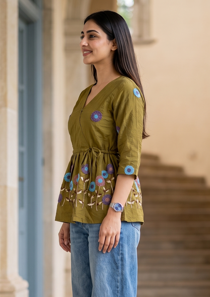Dark Mustard Yellow Embroidered Rado Cotton Short Kurti