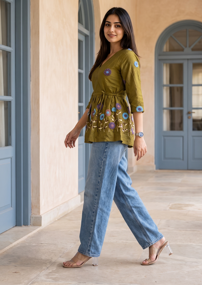 Dark Mustard Yellow Embroidered Rado Cotton Short Kurti