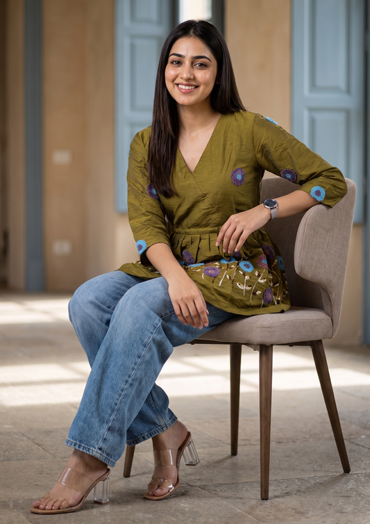 Dark Mustard Yellow Embroidered Rado Cotton Short Kurti