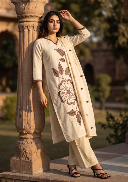 Beige Embroidered  Mul Cotton Suit Set with Dupatta