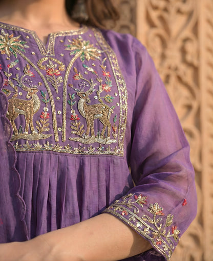 Plum Purple Embroidered Pure Mul Chanderi Suit Set
