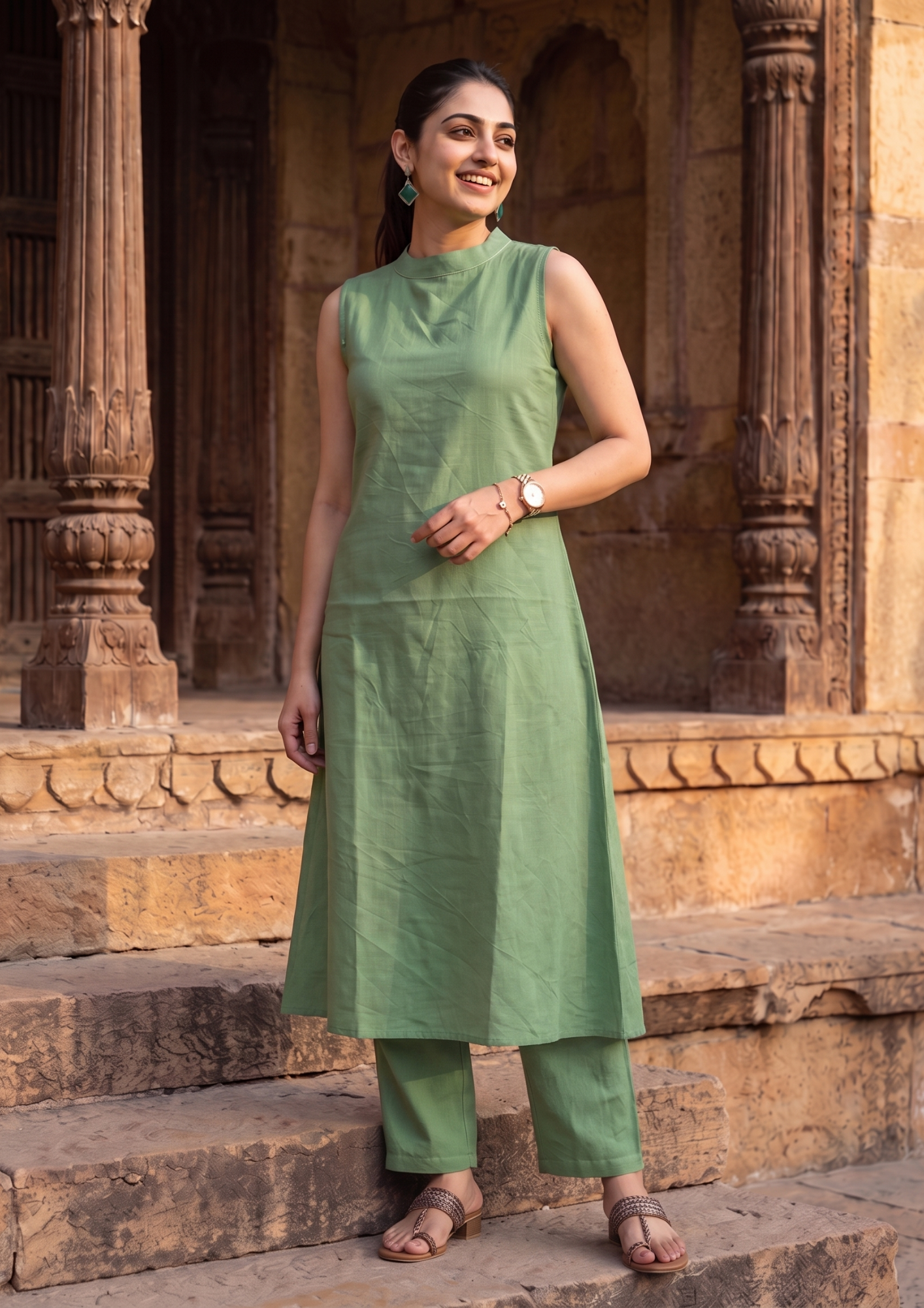 Green Sleeveless Cotton Co-Ord Set