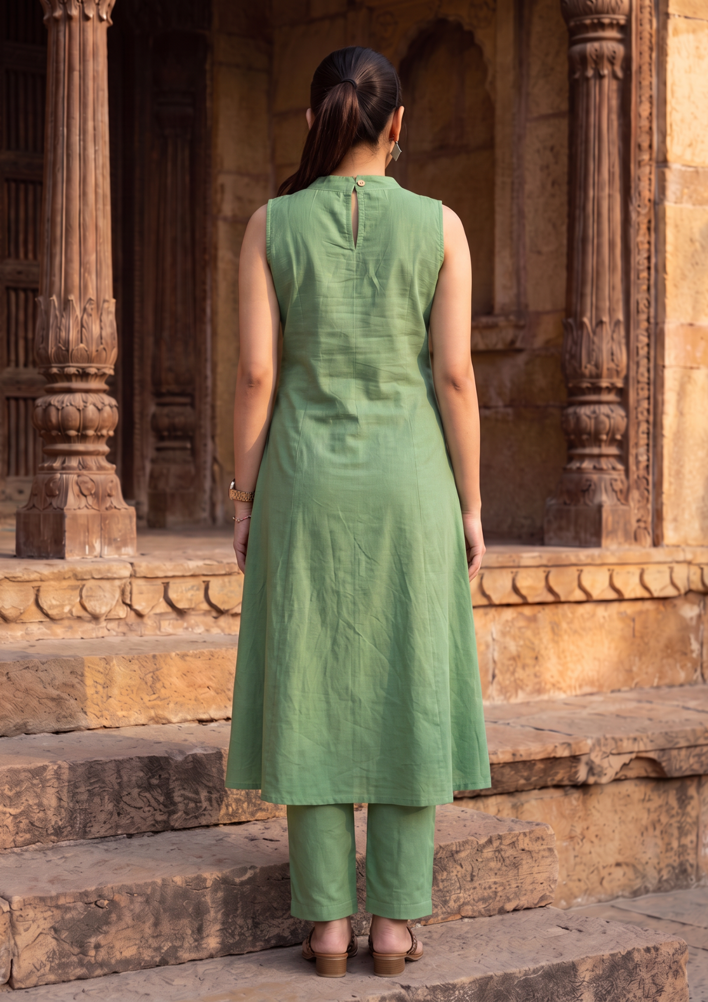 Green Sleeveless Cotton Co-Ord Set