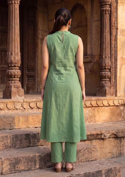 Green Sleeveless Cotton Co-Ord Set