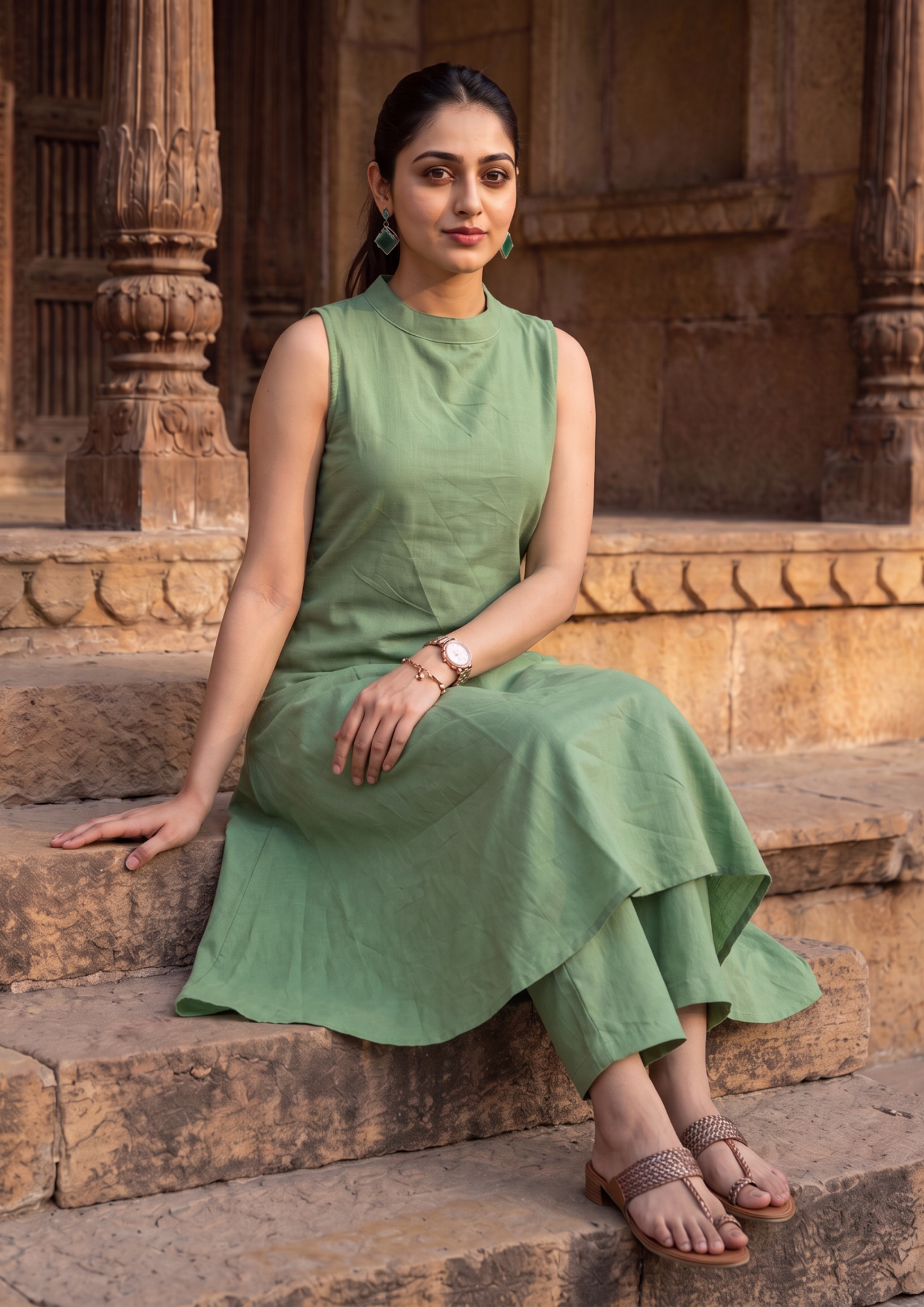 Green Sleeveless Cotton Co-Ord Set