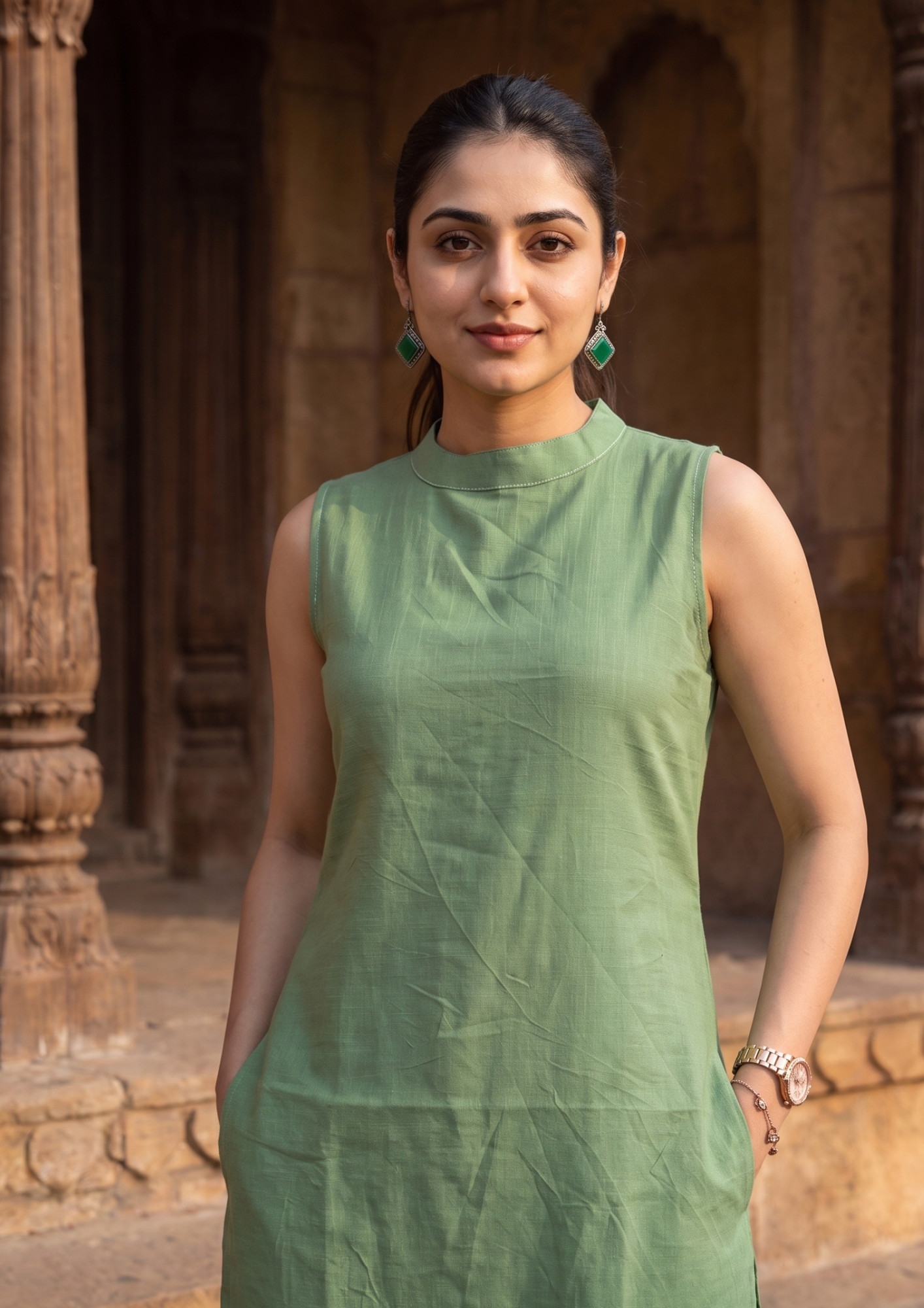 Green Sleeveless Cotton Co-Ord Set