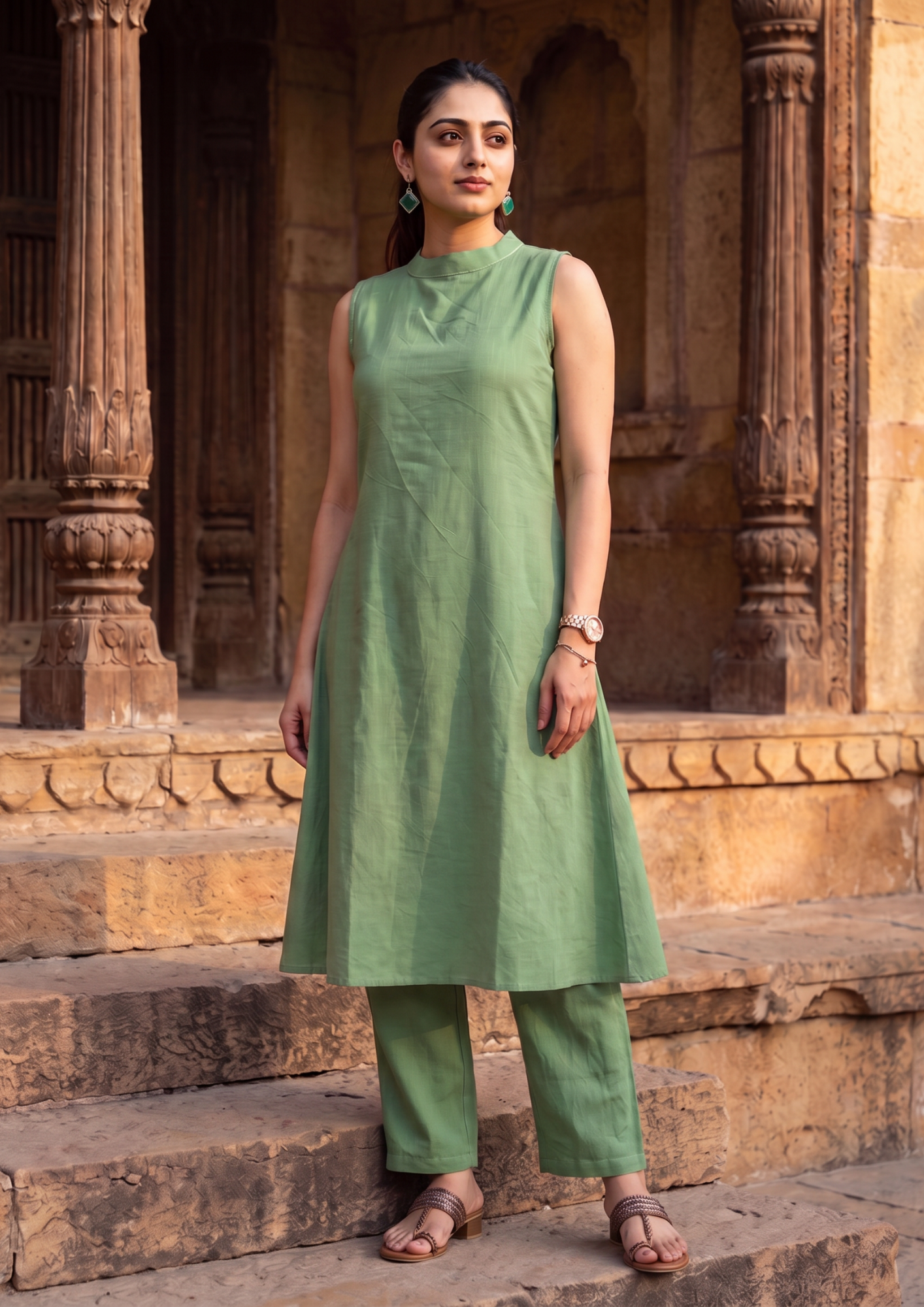 Green Sleeveless Cotton Co-Ord Set