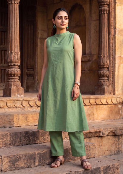 Green Sleeveless Cotton Co-Ord Set