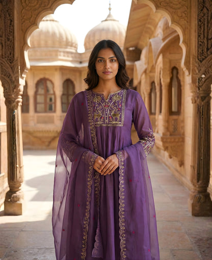 Plum Purple Embroidered Pure Mul Chanderi Suit Set