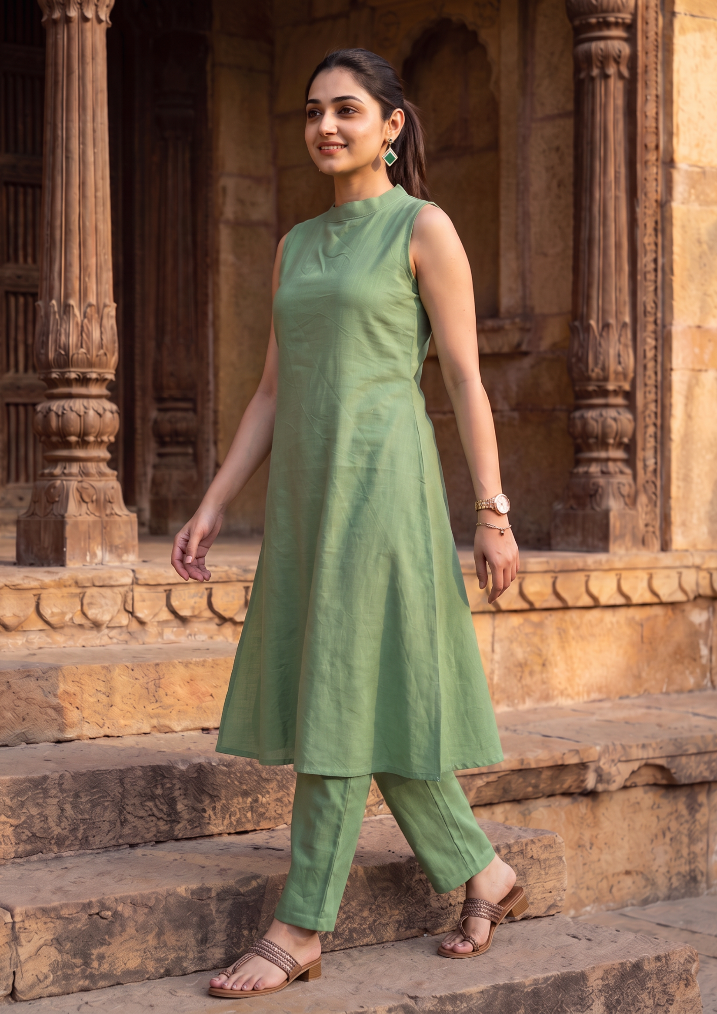 Green Sleeveless Cotton Co-Ord Set