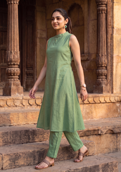 Green Sleeveless Cotton Co-Ord Set