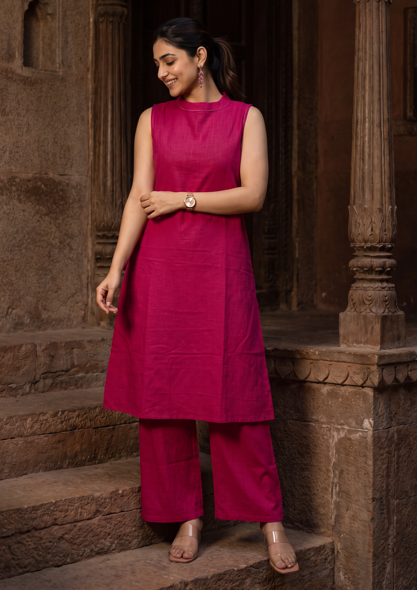 Pink Sleeveless Cotton Co-Ord Set