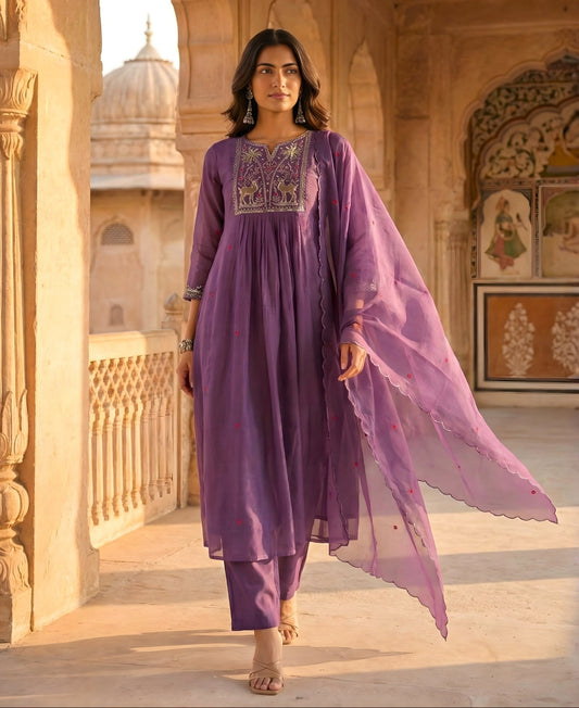Plum Purple Embroidered Pure Mul Chanderi Suit Set