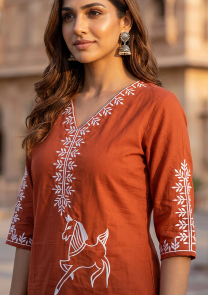 Red Embroidered Cotton Co-Ord Set