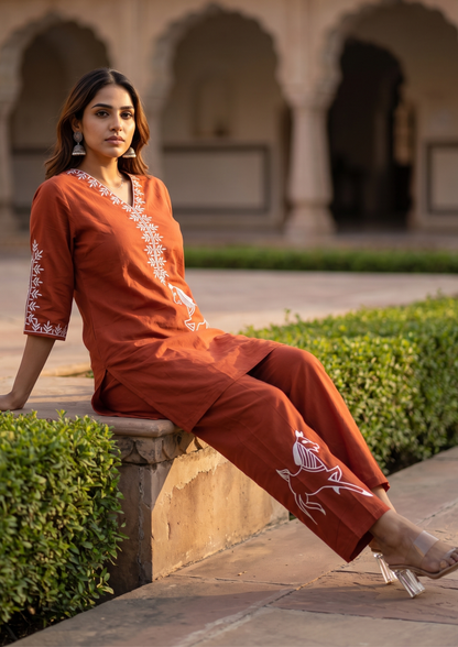 Red Embroidered Cotton Co-Ord Set