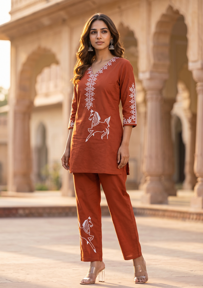 Red Embroidered Cotton Co-Ord Set