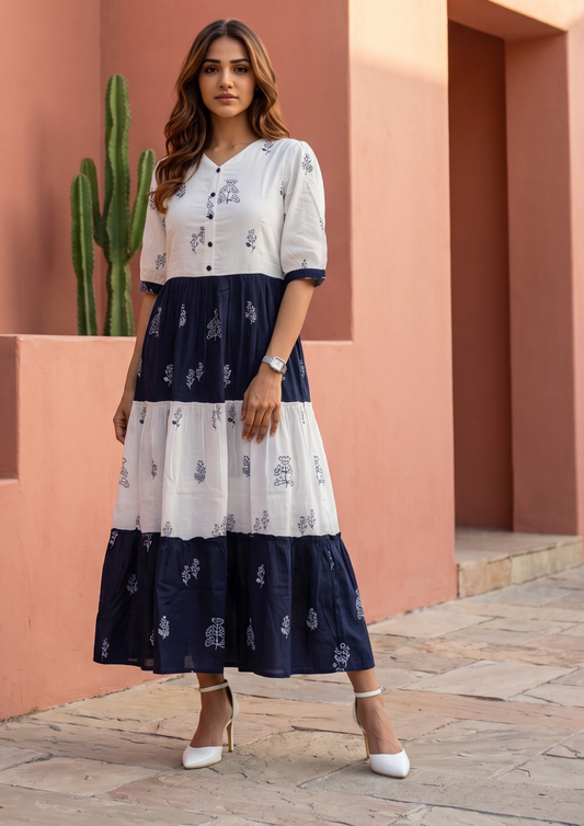White Blue Printed Cotton Anarkali Gown