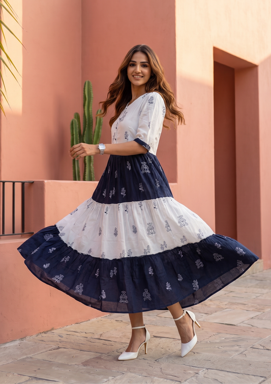 White Blue Printed Cotton Anarkali Gown
