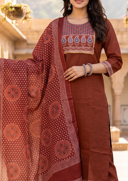 Maroon Mirror Work Cotton Blend Kurta and Pant Set with Dupatta