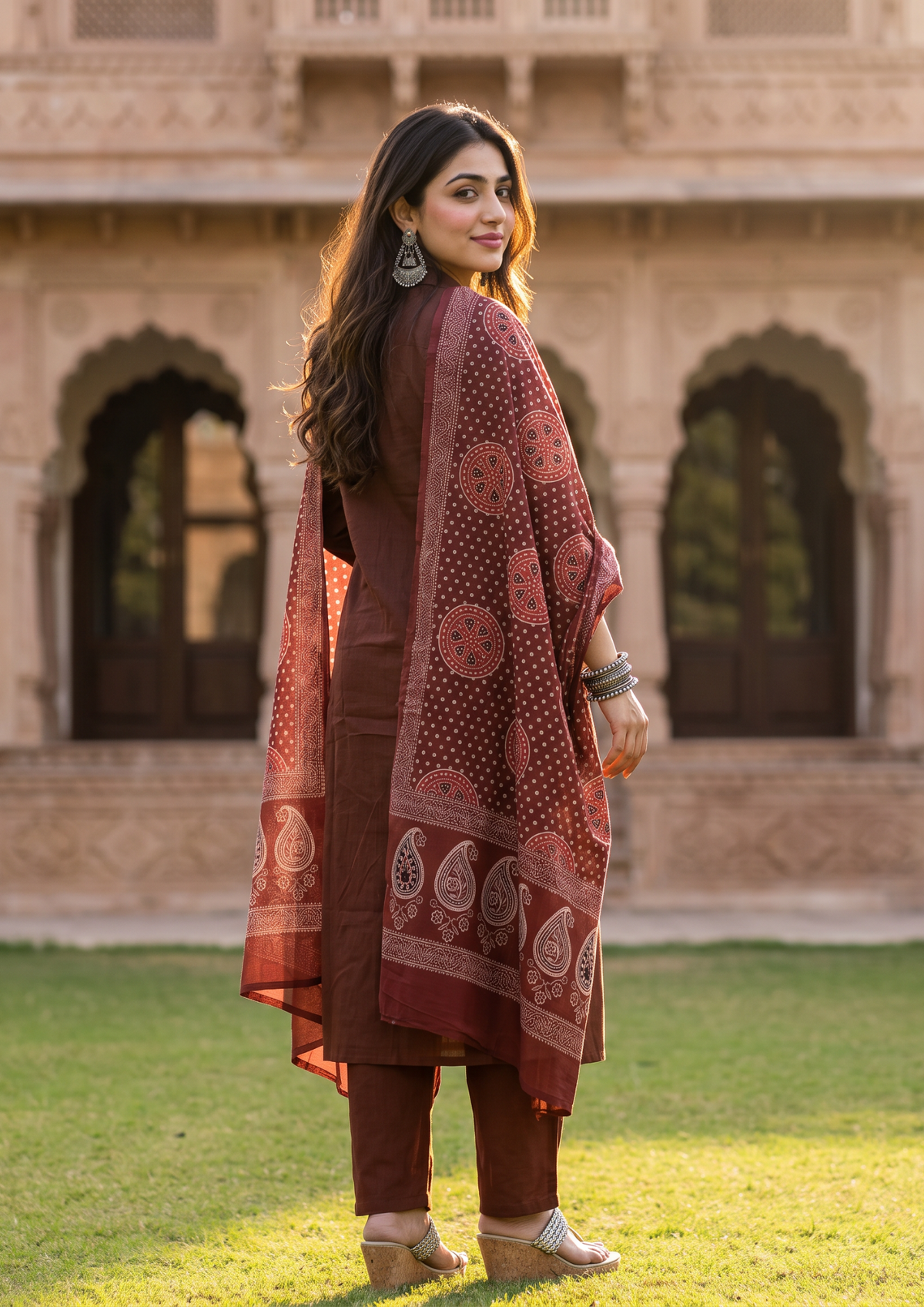 Maroon Mirror Work Cotton Blend Kurta and Pant Set with Dupatta
