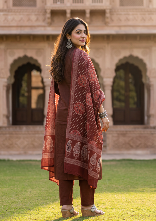 Maroon Mirror Work Cotton Blend Kurta and Pant Set with Dupatta
