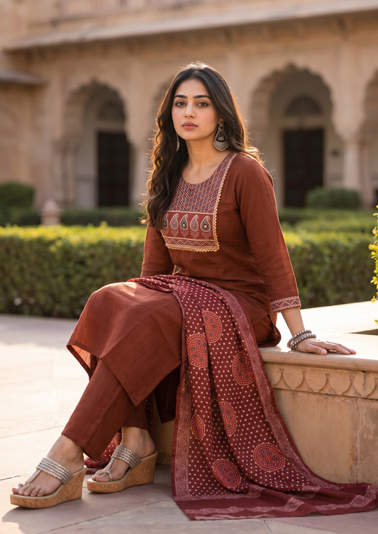 Maroon Mirror Work Cotton Blend Kurta and Pant Set with Dupatta