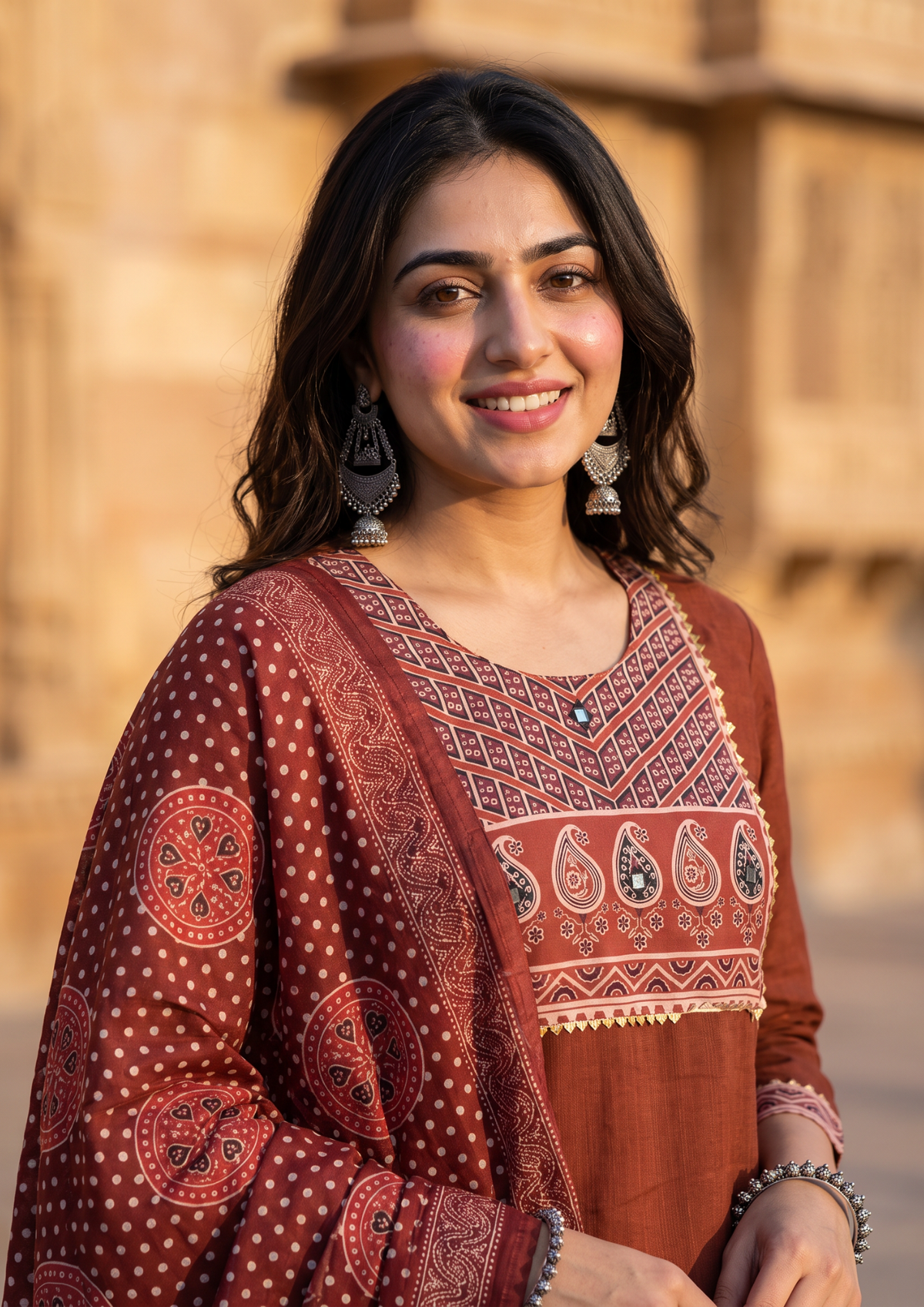 Maroon Mirror Work Cotton Blend Kurta and Pant Set with Dupatta
