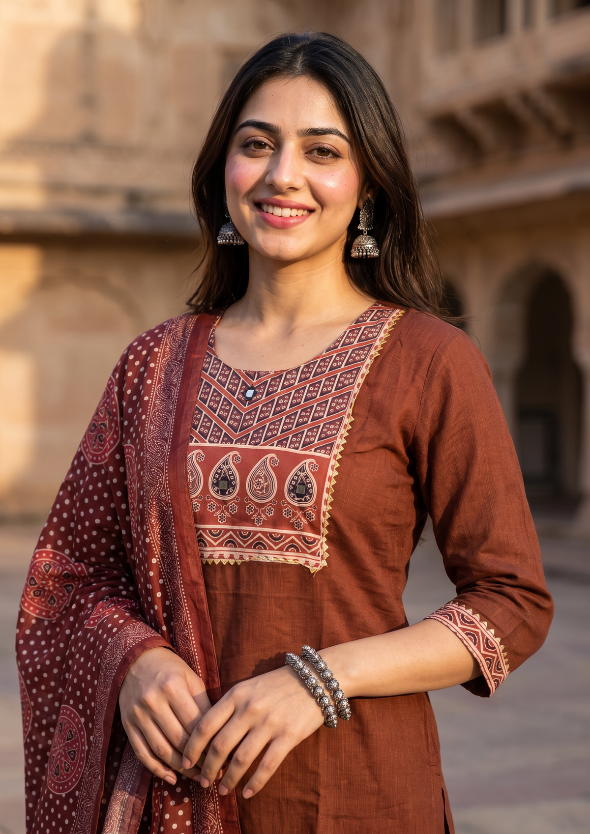 Maroon Mirror Work Cotton Blend Kurta and Pant Set with Dupatta
