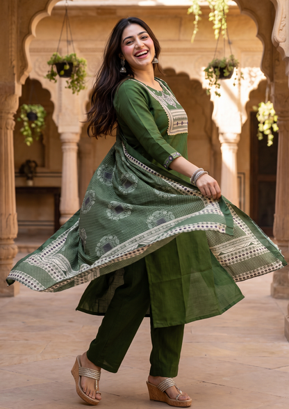 Green Mirror Work Cotton Blend Kurta and Pant Set with Dupatta