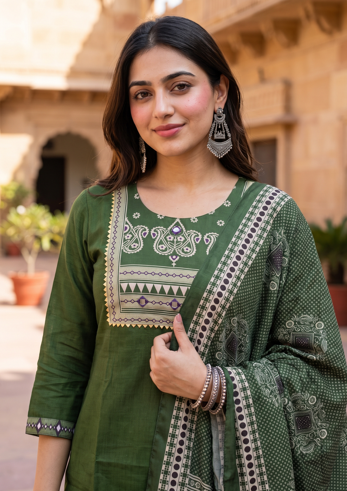 Green Mirror Work Cotton Blend Kurta and Pant Set with Dupatta