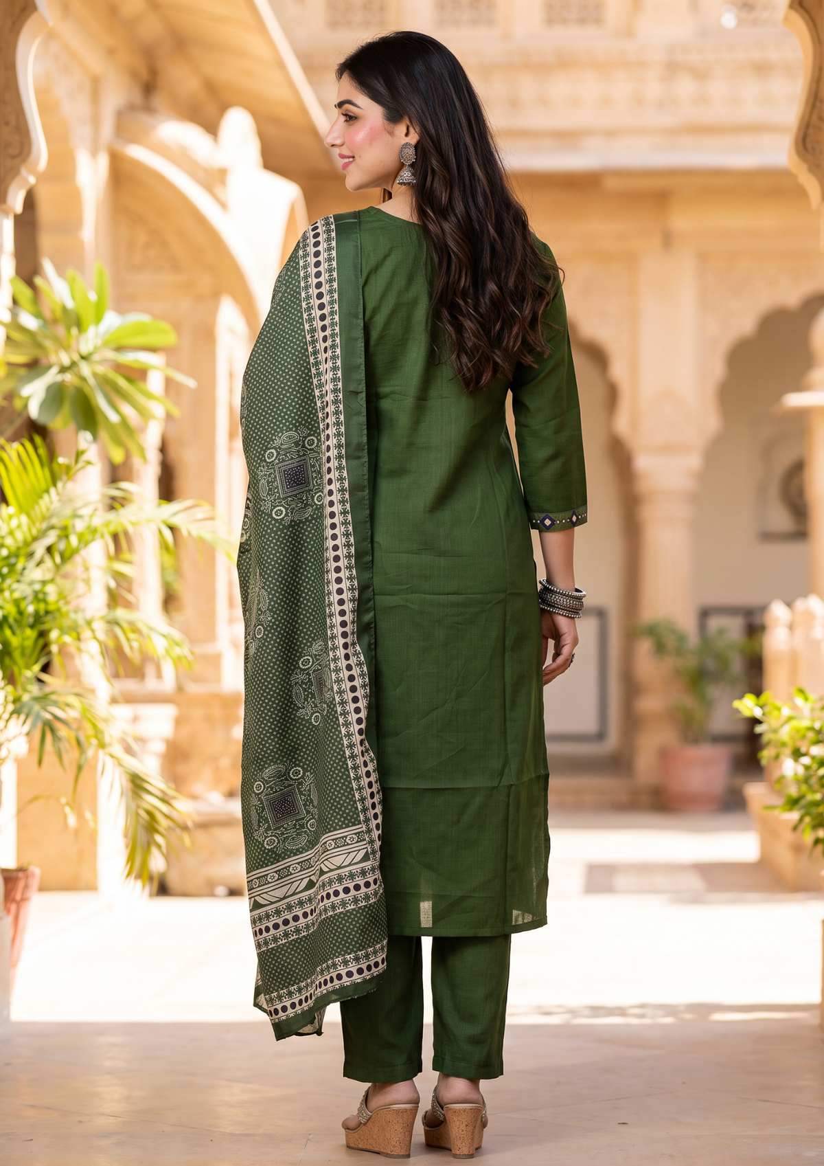Green Mirror Work Cotton Blend Kurta and Pant Set with Dupatta