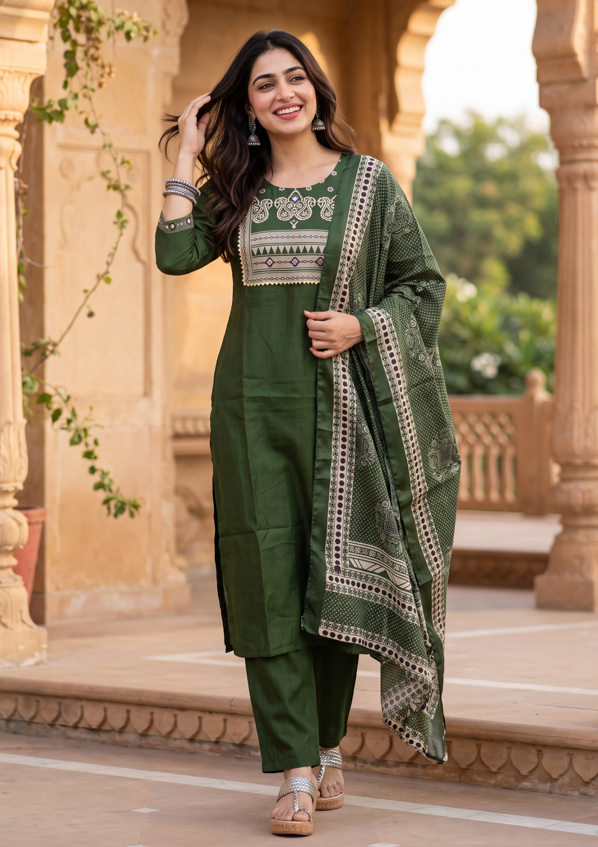 Green Mirror Work Cotton Blend Kurta and Pant Set with Dupatta