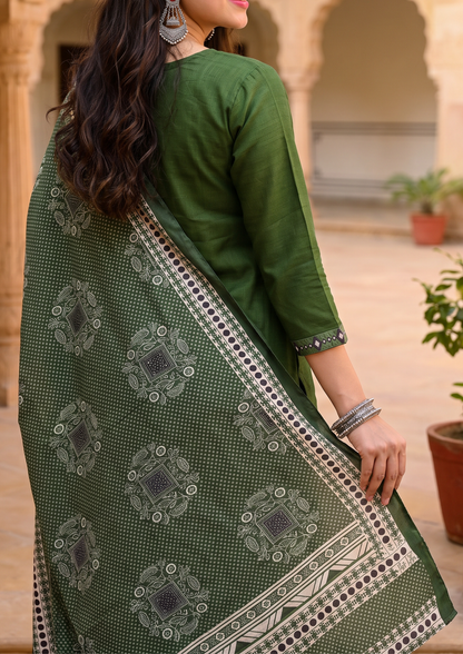 Green Mirror Work Cotton Blend Kurta and Pant Set with Dupatta