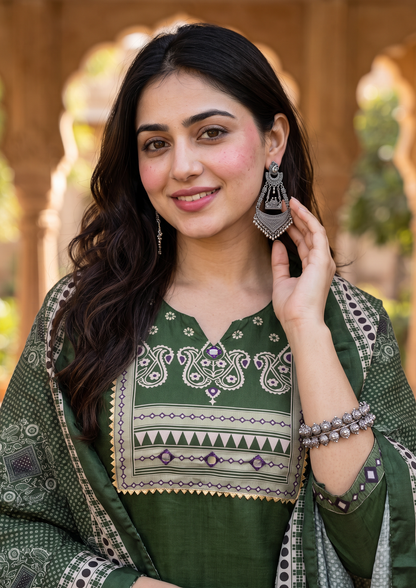 Green Mirror Work Cotton Blend Kurta and Pant Set with Dupatta